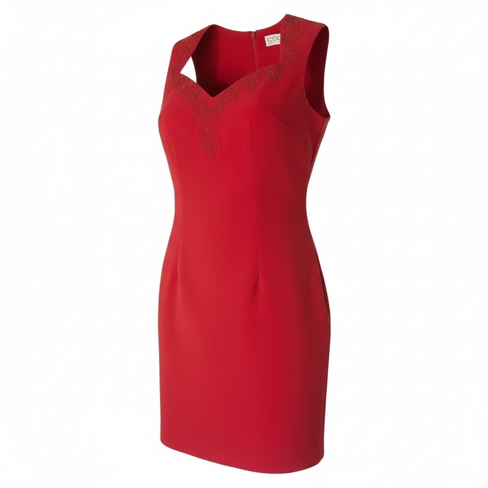 CDC Petites Red Beaded Sweetheart Sheath Dress Size 8 Sleeveless Sophisticated